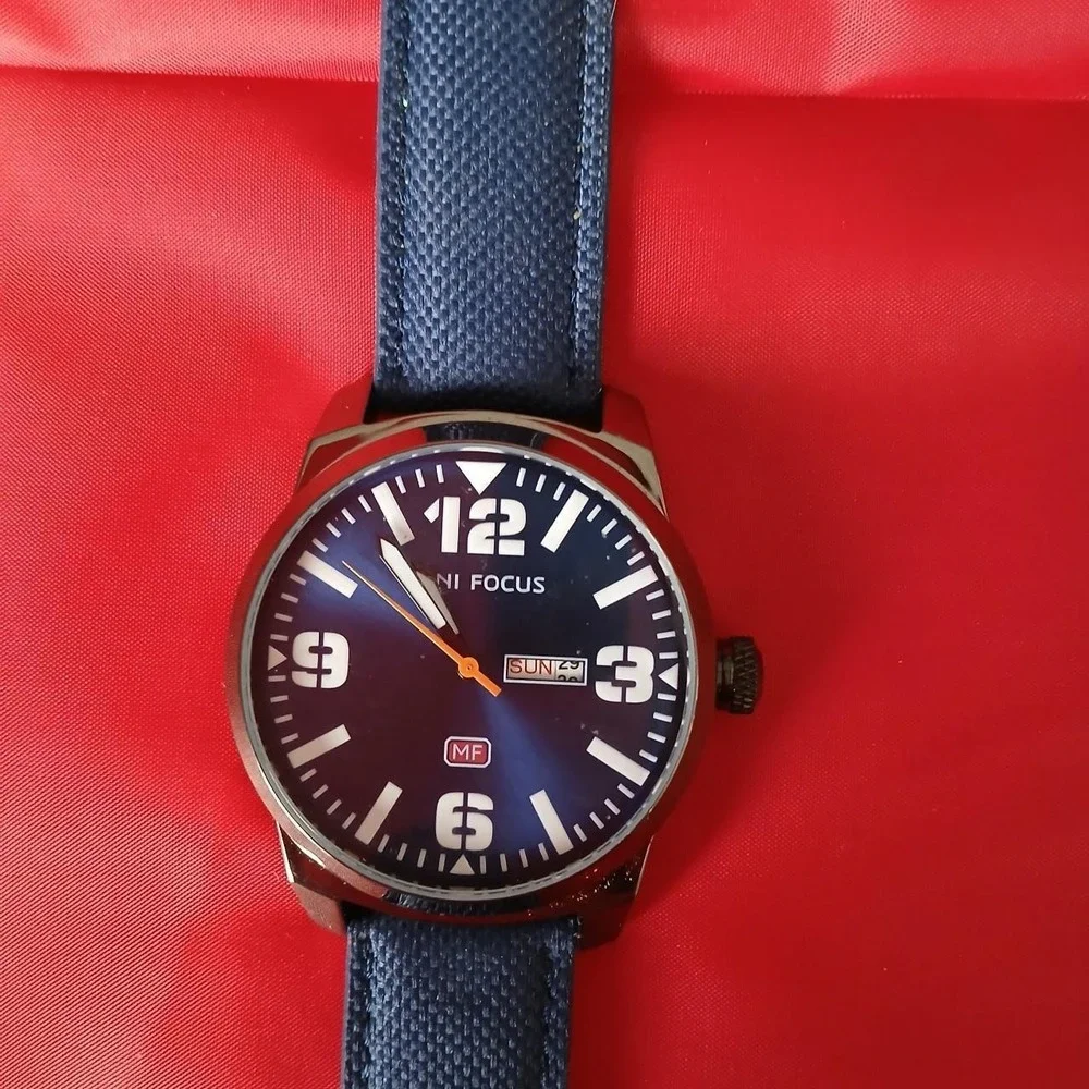 Mini Focus Watch blue leather band stainless steel back water resistant classic